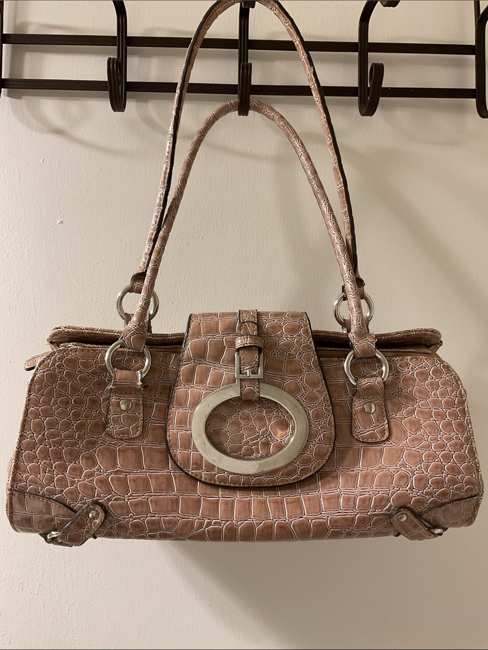 Croc-Embossed Soft Mauve/Rose Shoulder Bag with Silver Ring Accent